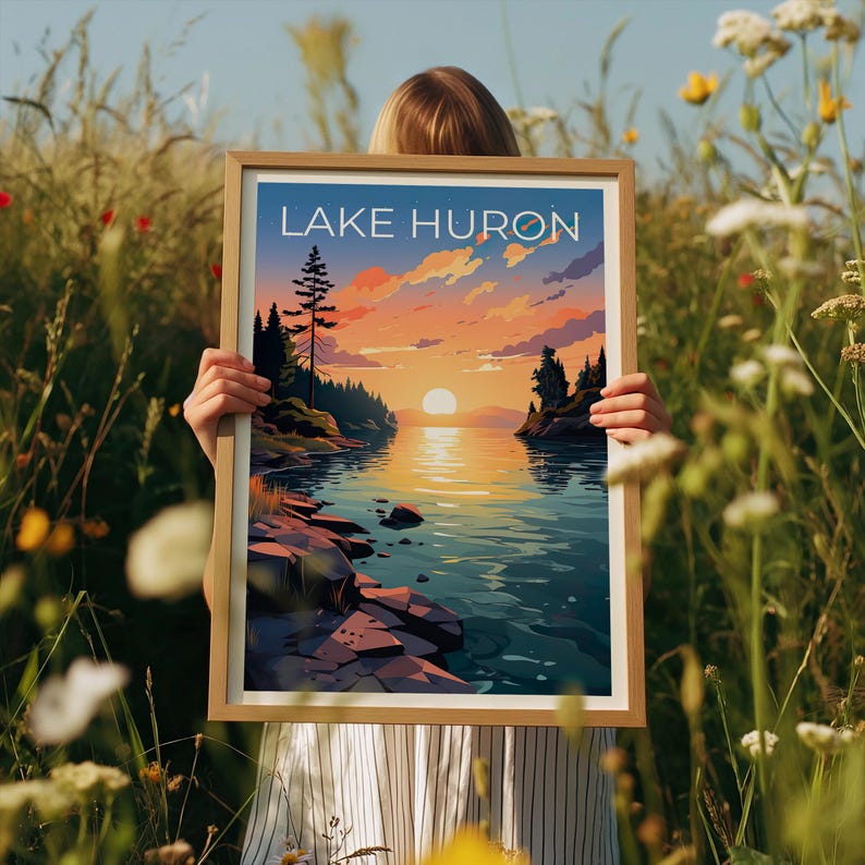 Lake Huron Travel Print, Michigan Poster, Great Lakes Wall Art, Michigan Illustration, Lake Huron Poster, Home Decor, Birthday Gift