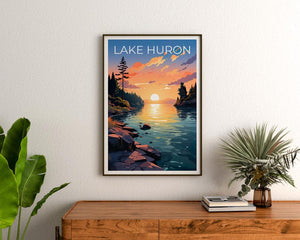 Lake Huron Travel Print, Michigan Poster, Great Lakes Wall Art, Michigan Illustration, Lake Huron Poster, Home Decor, Birthday Gift