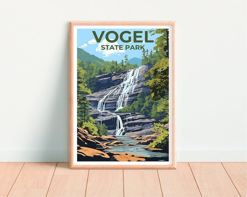 Affiche de voyage du parc d'État de Vogel, art mural de Géorgie, impression de Géorgie, affiche du parc d'État de Vogel, affiche de cascade, affiche de nature, art de Vogel