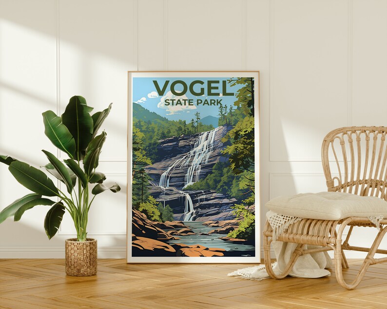 Affiche de voyage du parc d'État de Vogel, art mural de Géorgie, impression de Géorgie, affiche du parc d'État de Vogel, affiche de cascade, affiche de nature, art de Vogel