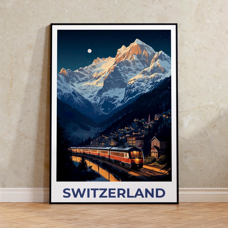 Switzerland Travel Print, Interlaken Poster, Swiss Art, Switzerland Illustration, Landscape Poster, Swiss Train, Home Decor, Birthday Gift