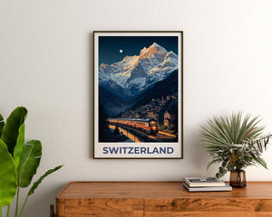 Switzerland Travel Print, Interlaken Poster, Swiss Art, Switzerland Illustration, Landscape Poster, Swiss Train, Home Decor, Birthday Gift