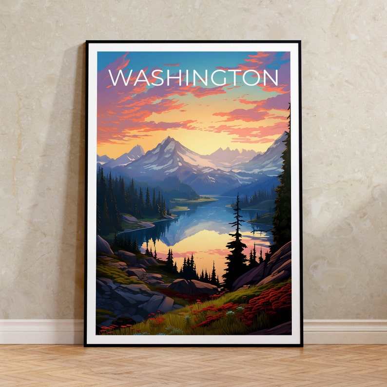 Affiche de voyage de Washington, art mural de montagne, impression de montagne, affiche de Washington, affiche de l'État de Washington, impression de l'État de Washington