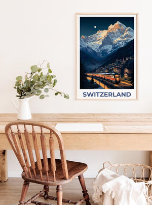 Switzerland Travel Print, Interlaken Poster, Swiss Art, Switzerland Illustration, Landscape Poster, Swiss Train, Home Decor, Birthday Gift