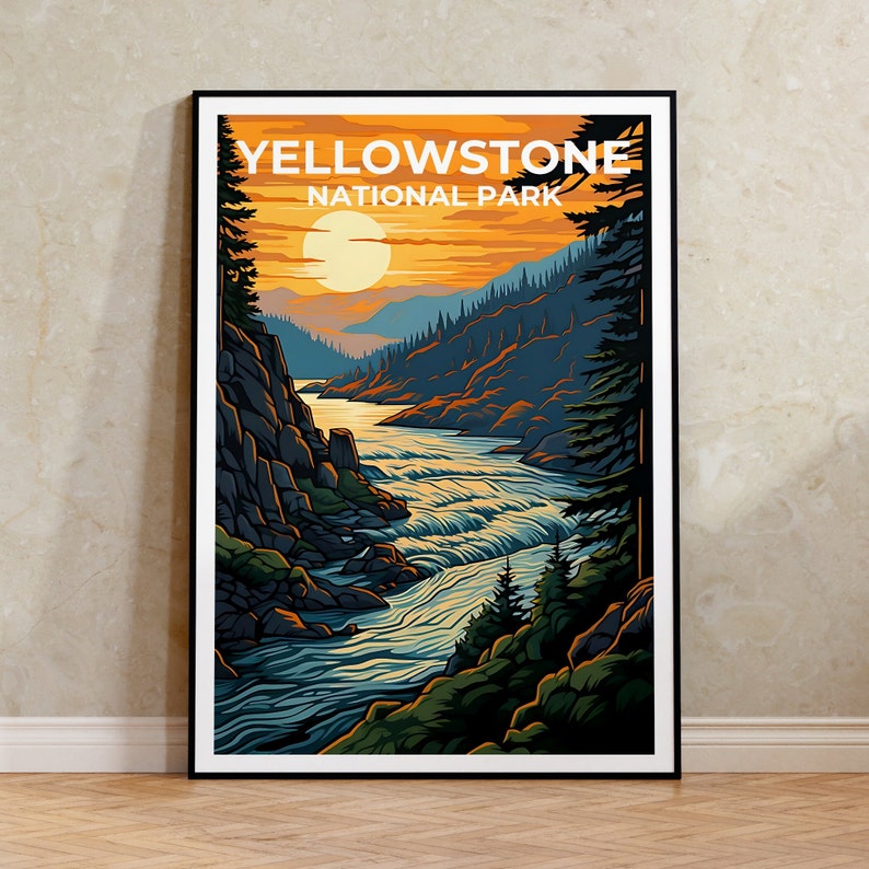 Affiche de voyage de Yellowstone, art mural du Wyoming, impression du Wyoming, affiche de Yellowstone, affiche de la rivière Yellowstone, affiche de la nature, Yellowstone Ar