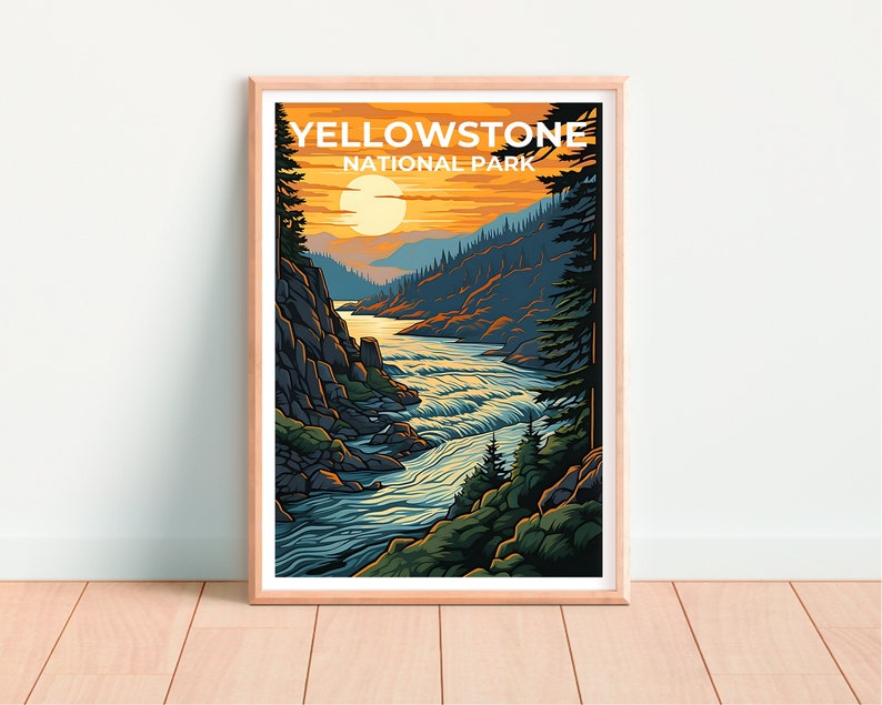 Affiche de voyage de Yellowstone, art mural du Wyoming, impression du Wyoming, affiche de Yellowstone, affiche de la rivière Yellowstone, affiche de la nature, Yellowstone Ar