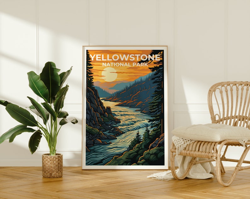Affiche de voyage de Yellowstone, art mural du Wyoming, impression du Wyoming, affiche de Yellowstone, affiche de la rivière Yellowstone, affiche de la nature, Yellowstone Ar