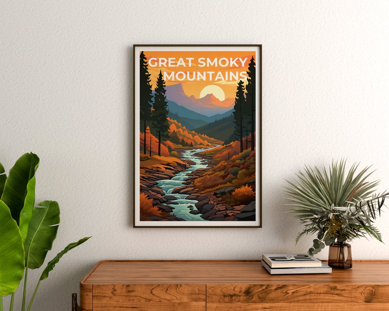 Affiche de voyage des Great Smoky Mountains, art mural des Smoky Mountains, impression des Smoky Mountains, impression de montagne, affiche du parc national