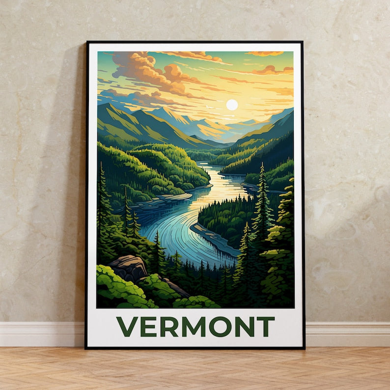 Vermont Poster, Green Mountains Travel Print, Forest Art, New England Illustration, Landscape Poster, Home Decor, Birthday Gift