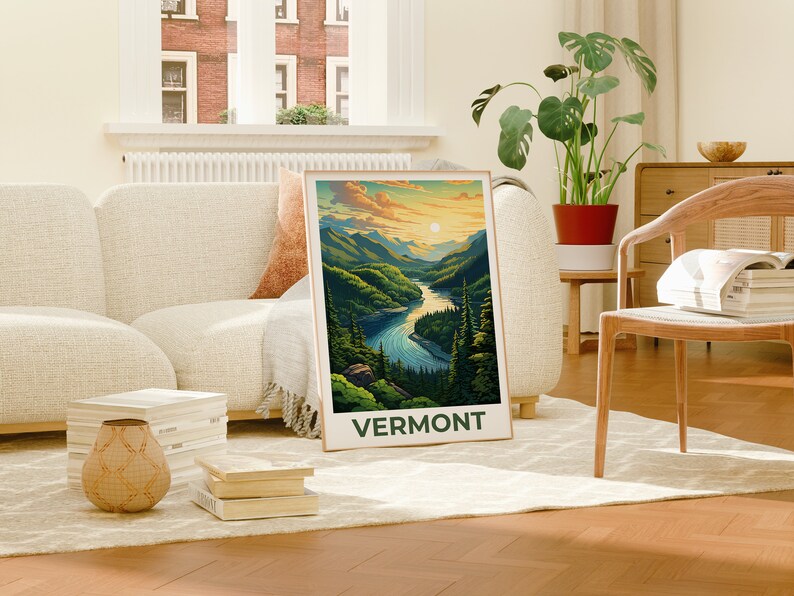 Vermont Poster, Green Mountains Travel Print, Forest Art, New England Illustration, Landscape Poster, Home Decor, Birthday Gift