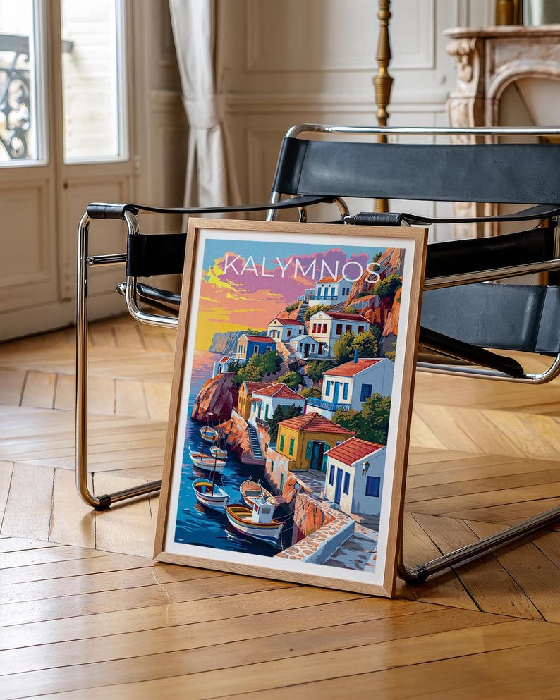 Kalymnos Travel Print, Greece Poster, Aegean Sea Wall Art, Greek Illustration, Kalymnos Poster, Home Decor, Birthday Gift