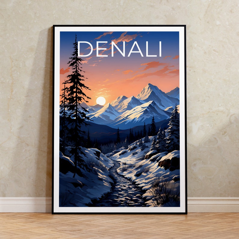 Affiche de voyage Denali, art mural de l'Alaska, impression de l'Alaska, affiche Denali, affiche de l'Alaska, impression Denali, art Denali