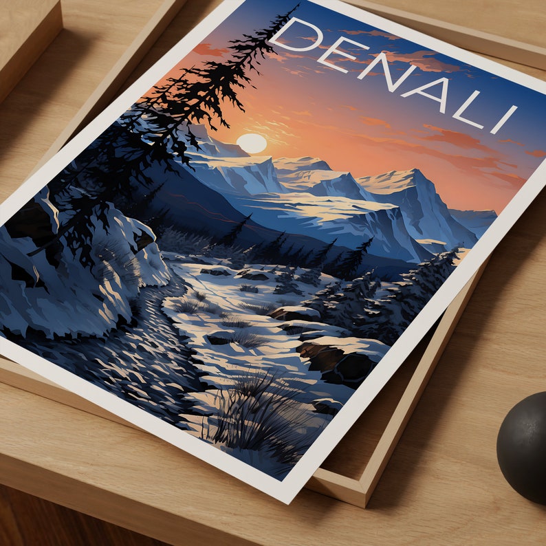 Affiche de voyage Denali, art mural de l'Alaska, impression de l'Alaska, affiche Denali, affiche de l'Alaska, impression Denali, art Denali