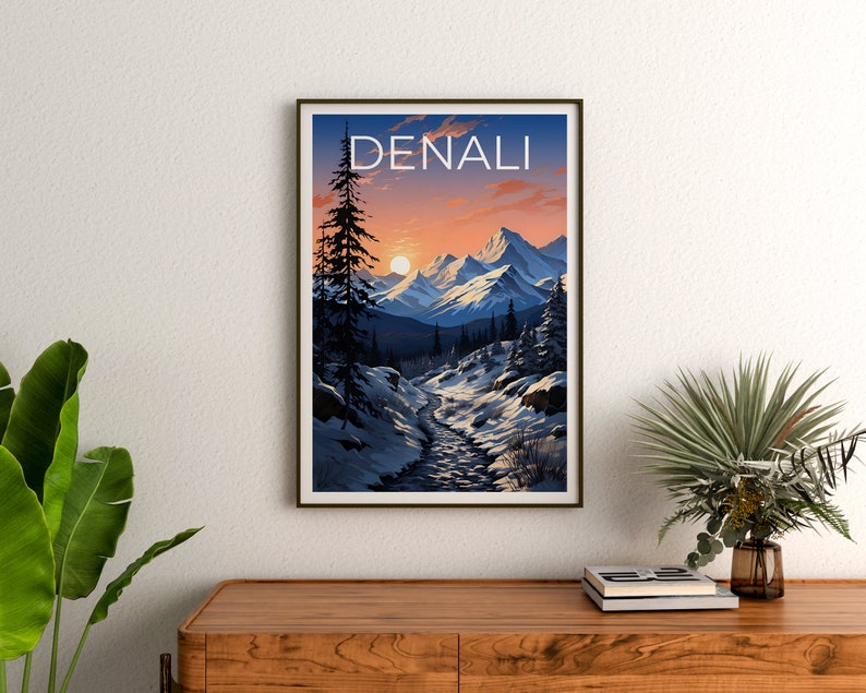 Affiche de voyage Denali, art mural de l'Alaska, impression de l'Alaska, affiche Denali, affiche de l'Alaska, impression Denali, art Denali