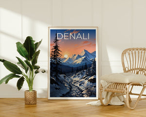 Affiche de voyage Denali, art mural de l'Alaska, impression de l'Alaska, affiche Denali, affiche de l'Alaska, impression Denali, art Denali
