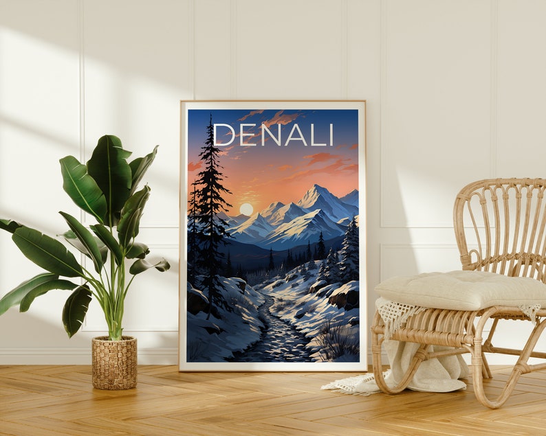 Affiche de voyage Denali, art mural de l'Alaska, impression de l'Alaska, affiche Denali, affiche de l'Alaska, impression Denali, art Denali