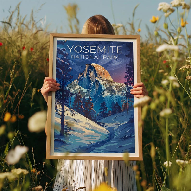 Yosemite Travel Print California Poster Half Dome Wall Art Yosemite Illustration Winter Landscape Poster Home Decor Birthday Gift