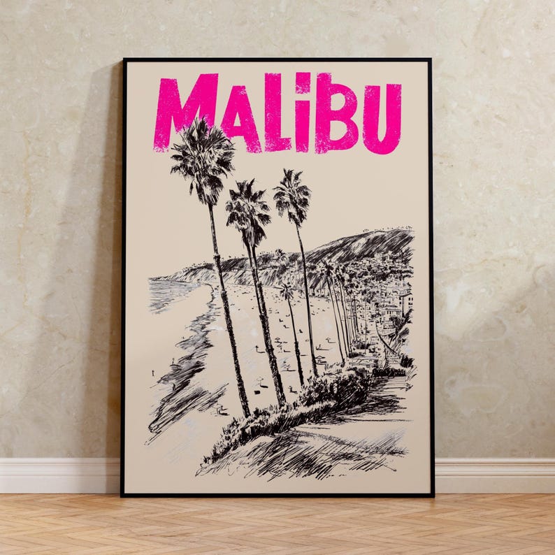 Malibu Poster, California Travel Print, Beach Vibes Art, Coastal Illustration, Malibu Print, Scenic Wall Art, Home Decor, Birthday Gift