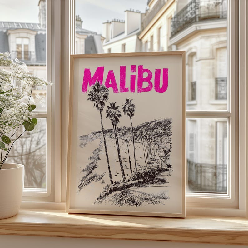 Malibu Poster, California Travel Print, Beach Vibes Art, Coastal Illustration, Malibu Print, Scenic Wall Art, Home Decor, Birthday Gift