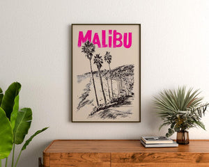 Malibu Poster, California Travel Print, Beach Vibes Art, Coastal Illustration, Malibu Print, Scenic Wall Art, Home Decor, Birthday Gift