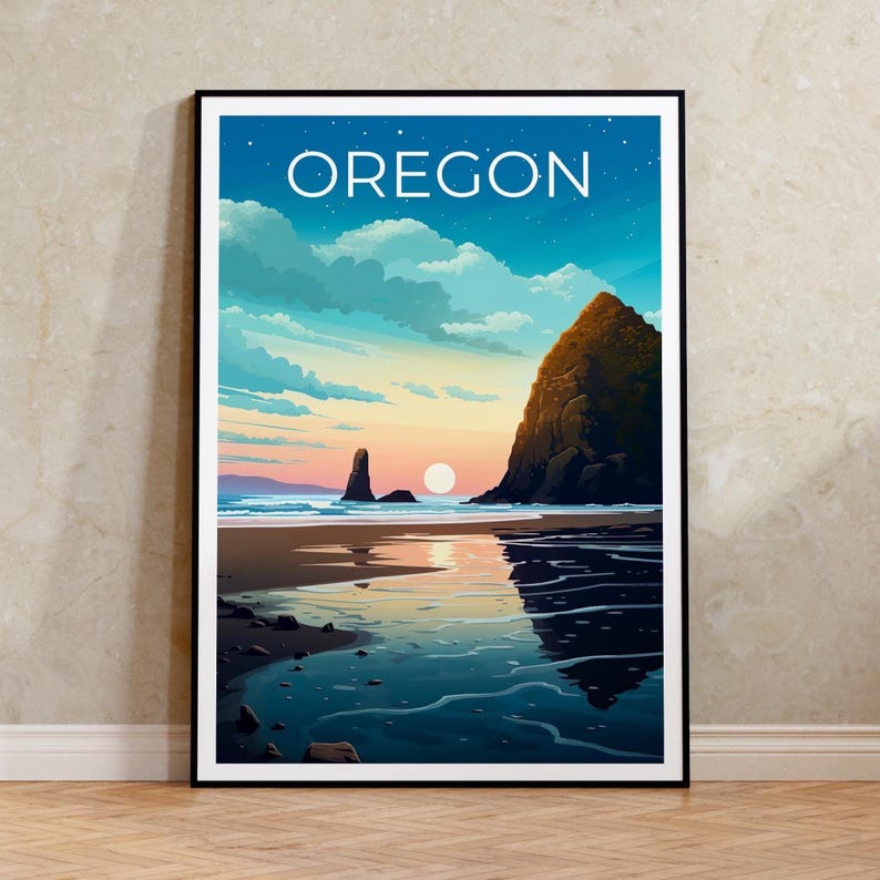 Oregon Poster, Cannon Beach Travel Print, Cozy Coastal Art, Sea Stacks Illustration, Landscape Poster, Home Decor, Birthday Gift
