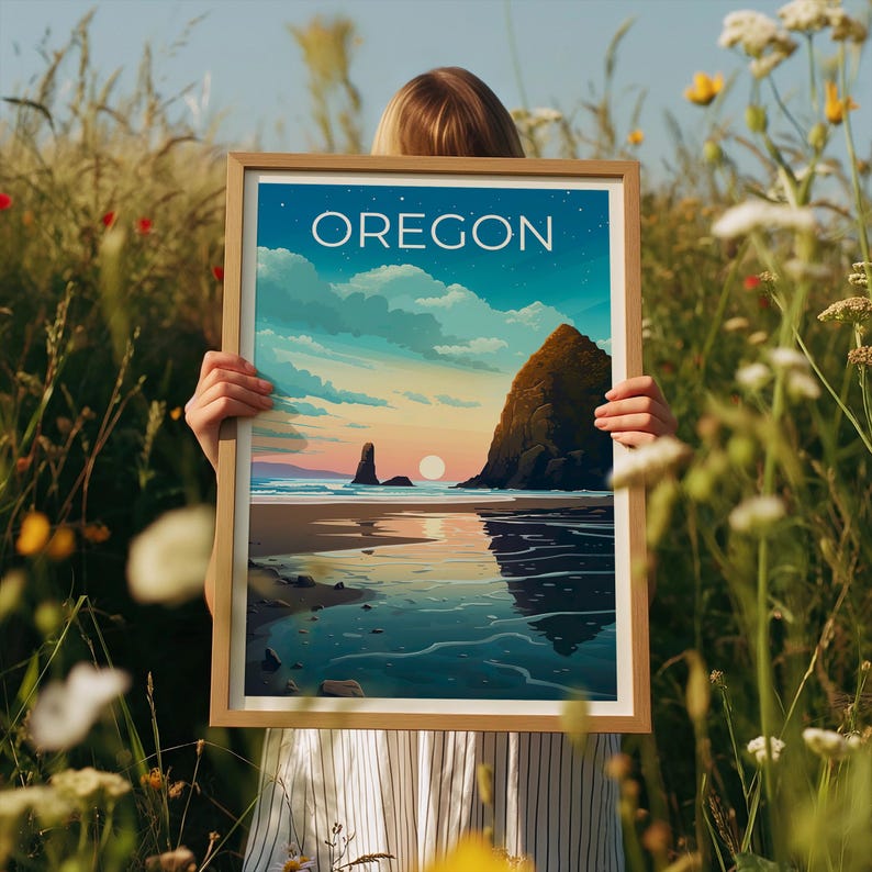 Oregon Poster, Cannon Beach Travel Print, Cozy Coastal Art, Sea Stacks Illustration, Landscape Poster, Home Decor, Birthday Gift