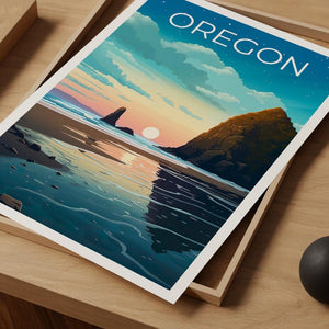 Oregon Poster, Cannon Beach Travel Print, Cozy Coastal Art, Sea Stacks Illustration, Landscape Poster, Home Decor, Birthday Gift