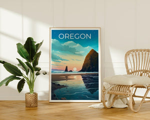 Oregon Poster, Cannon Beach Travel Print, Cozy Coastal Art, Sea Stacks Illustration, Landscape Poster, Home Decor, Birthday Gift