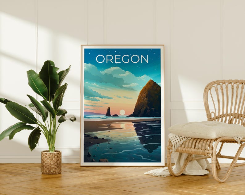Oregon Poster, Cannon Beach Travel Print, Cozy Coastal Art, Sea Stacks Illustration, Landscape Poster, Home Decor, Birthday Gift