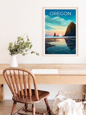 Oregon Poster, Cannon Beach Travel Print, Cozy Coastal Art, Sea Stacks Illustration, Landscape Poster, Home Decor, Birthday Gift