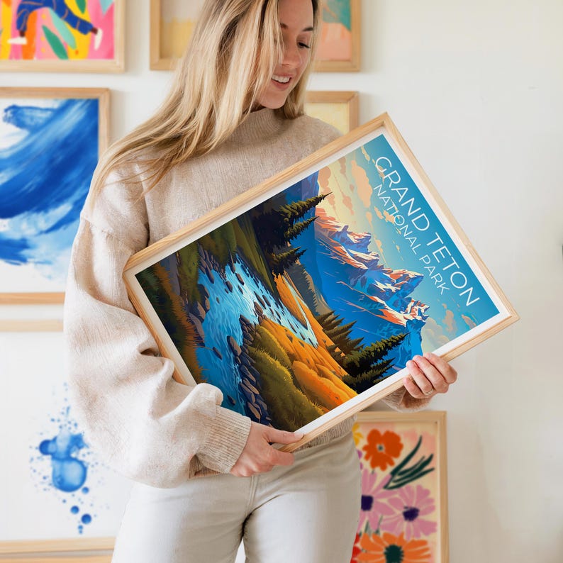 Grand Teton National Park Travel Print Wyoming Poster Teton Range Wall Art Mountain Illustration Grand Teton Poster Home Decor Birthday Gift