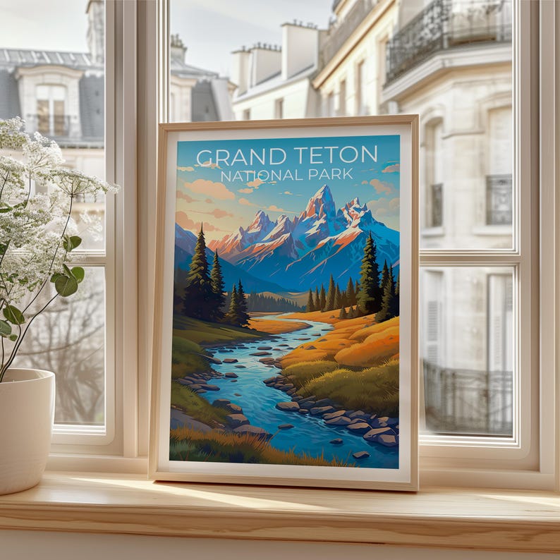 Grand Teton National Park Travel Print Wyoming Poster Teton Range Wall Art Mountain Illustration Grand Teton Poster Home Decor Birthday Gift