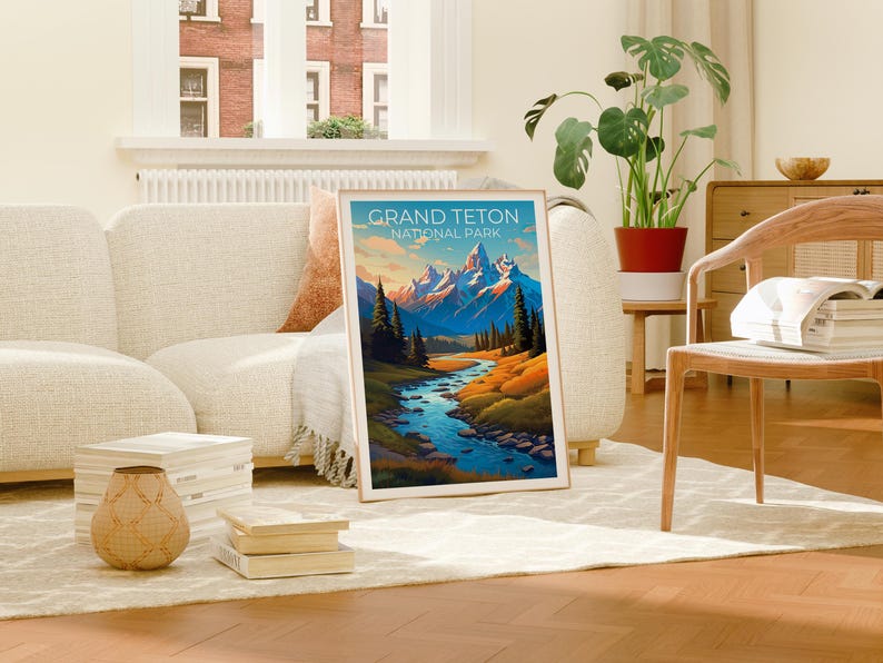 Grand Teton National Park Travel Print Wyoming Poster Teton Range Wall Art Mountain Illustration Grand Teton Poster Home Decor Birthday Gift