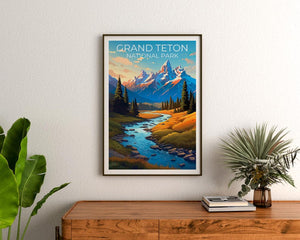 Grand Teton National Park Travel Print Wyoming Poster Teton Range Wall Art Mountain Illustration Grand Teton Poster Home Decor Birthday Gift