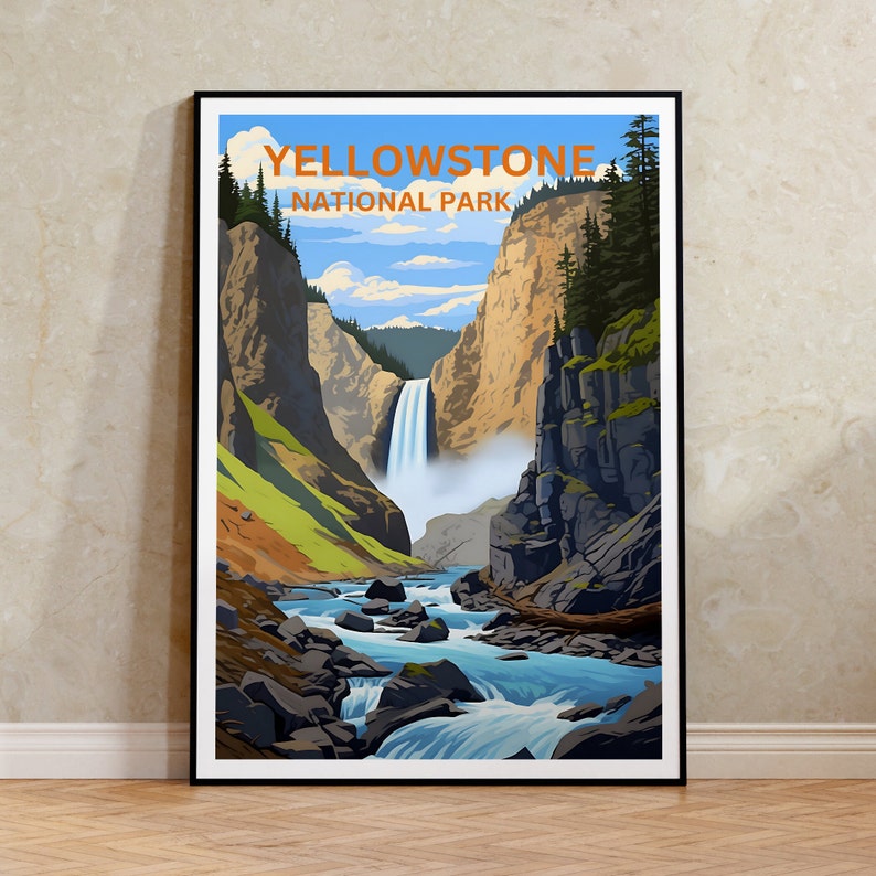 Affiche de voyage de Yellowstone, art du Wyoming, impression du Wyoming, affiche de Yellowstone, affiche de cascade, affiche de nature, art de Yellowstone