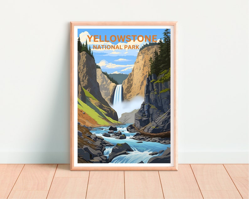 Affiche de voyage de Yellowstone, art du Wyoming, impression du Wyoming, affiche de Yellowstone, affiche de cascade, affiche de nature, art de Yellowstone