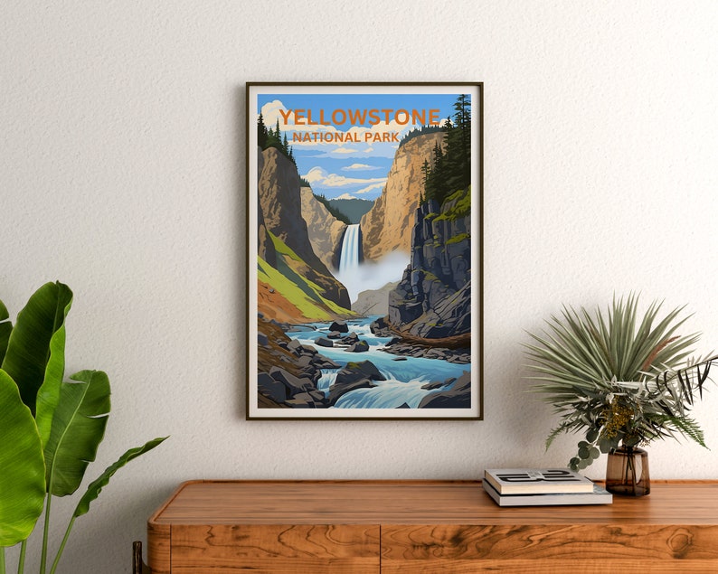 Affiche de voyage de Yellowstone, art du Wyoming, impression du Wyoming, affiche de Yellowstone, affiche de cascade, affiche de nature, art de Yellowstone