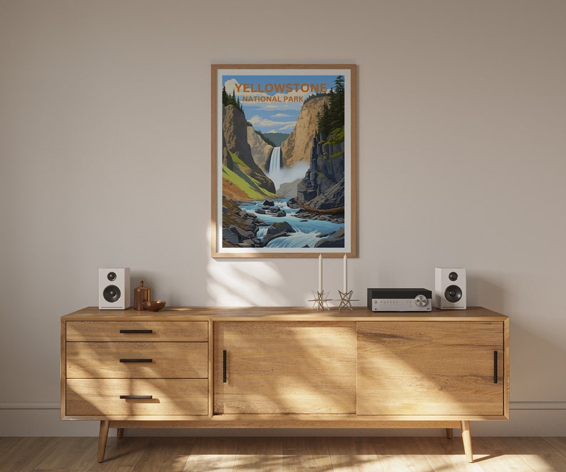 Affiche de voyage de Yellowstone, art du Wyoming, impression du Wyoming, affiche de Yellowstone, affiche de cascade, affiche de nature, art de Yellowstone