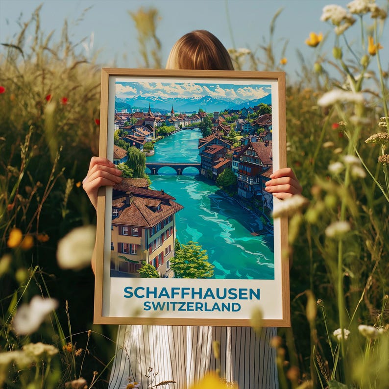 Schaffhausen Travel Print Switzerland Poster European Wall Art Swiss Alps Illustration Schaffhausen Poster Home Decor Birthday Gift