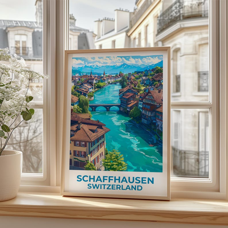 Schaffhausen Travel Print Switzerland Poster European Wall Art Swiss Alps Illustration Schaffhausen Poster Home Decor Birthday Gift