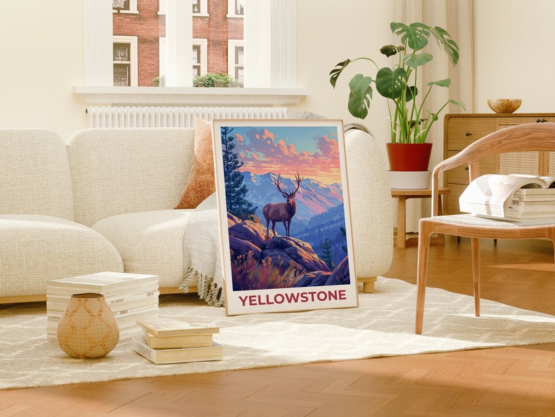Affiche de voyage de Yellowstone, art mural de cerf, impression de cerf, affiche de Yellowstone, affiche de cerf, affiche du Wyoming, art de Yellowstone
