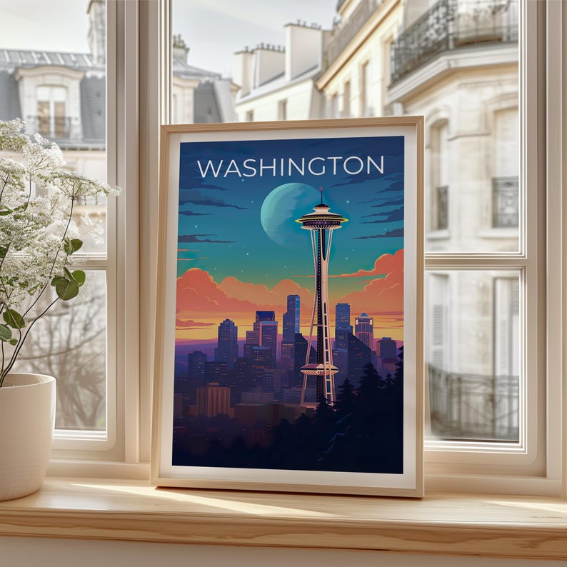 Washington Travel Print, Seattle Poster, Space Needle Wall Art, Cityscape Illustration, Washington Poster, Home Decor, Birthday Gift
