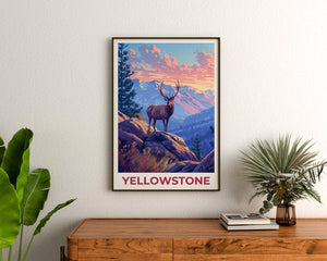 Affiche de voyage de Yellowstone, art mural de cerf, impression de cerf, affiche de Yellowstone, affiche de cerf, affiche du Wyoming, art de Yellowstone
