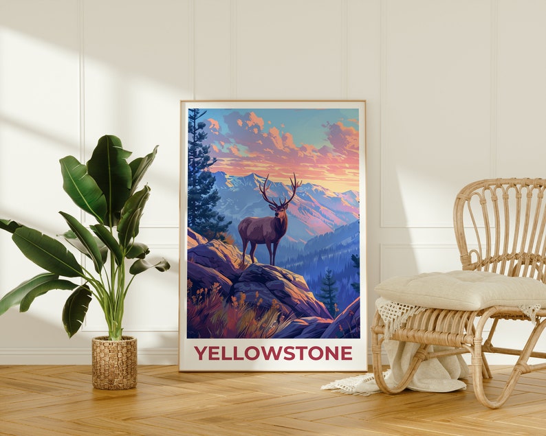 Affiche de voyage de Yellowstone, art mural de cerf, impression de cerf, affiche de Yellowstone, affiche de cerf, affiche du Wyoming, art de Yellowstone