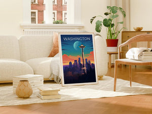 Washington Travel Print, Seattle Poster, Space Needle Wall Art, Cityscape Illustration, Washington Poster, Home Decor, Birthday Gift