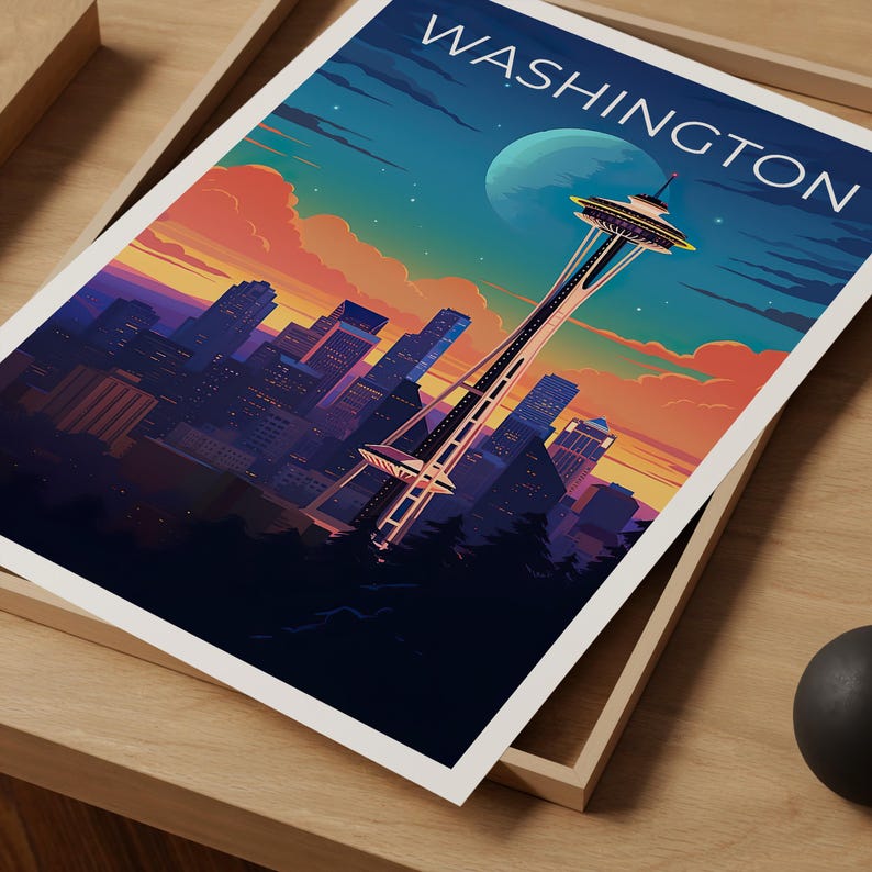 Washington Travel Print, Seattle Poster, Space Needle Wall Art, Cityscape Illustration, Washington Poster, Home Decor, Birthday Gift
