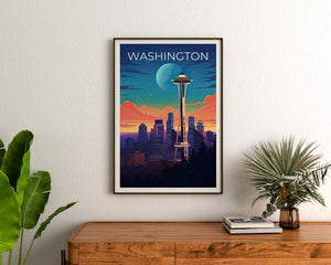 Washington Travel Print, Seattle Poster, Space Needle Wall Art, Cityscape Illustration, Washington Poster, Home Decor, Birthday Gift