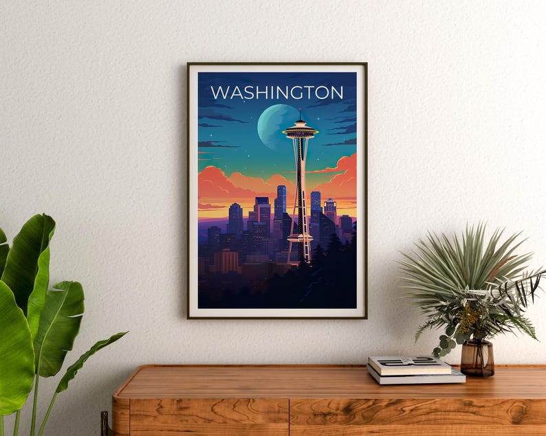 Washington Travel Print, Seattle Poster, Space Needle Wall Art, Cityscape Illustration, Washington Poster, Home Decor, Birthday Gift