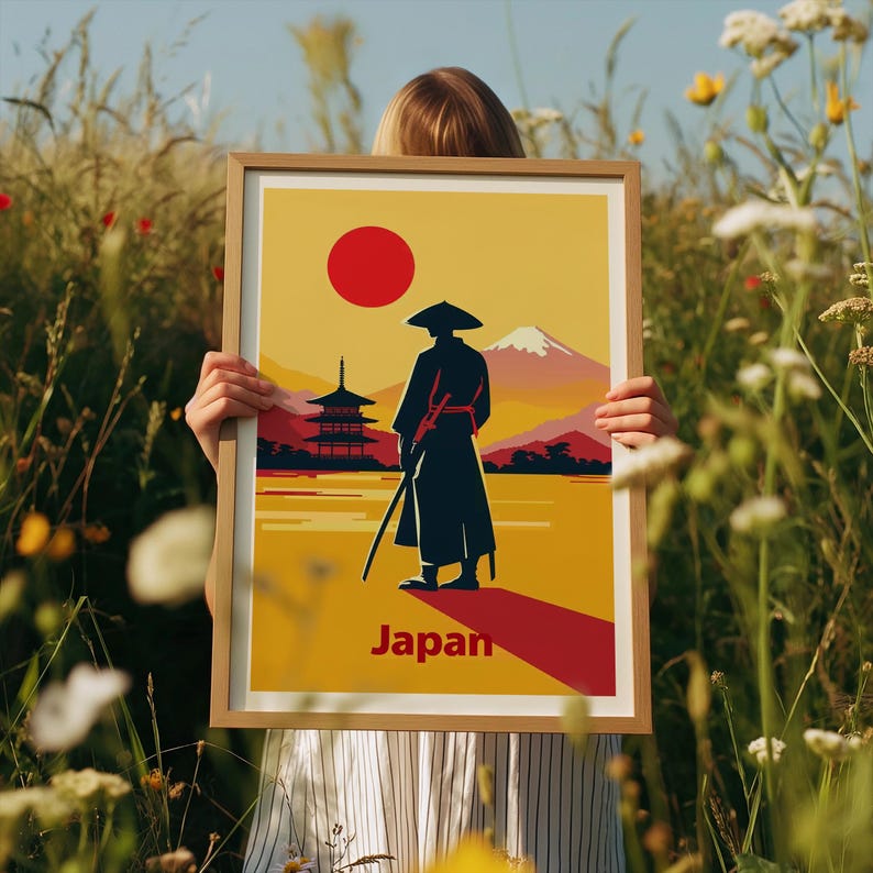 Japanese Samurai Travel Print, Asia Poster, Minimalistic Wall Art, Warrior Illustration, Japan Poster, Home Decor