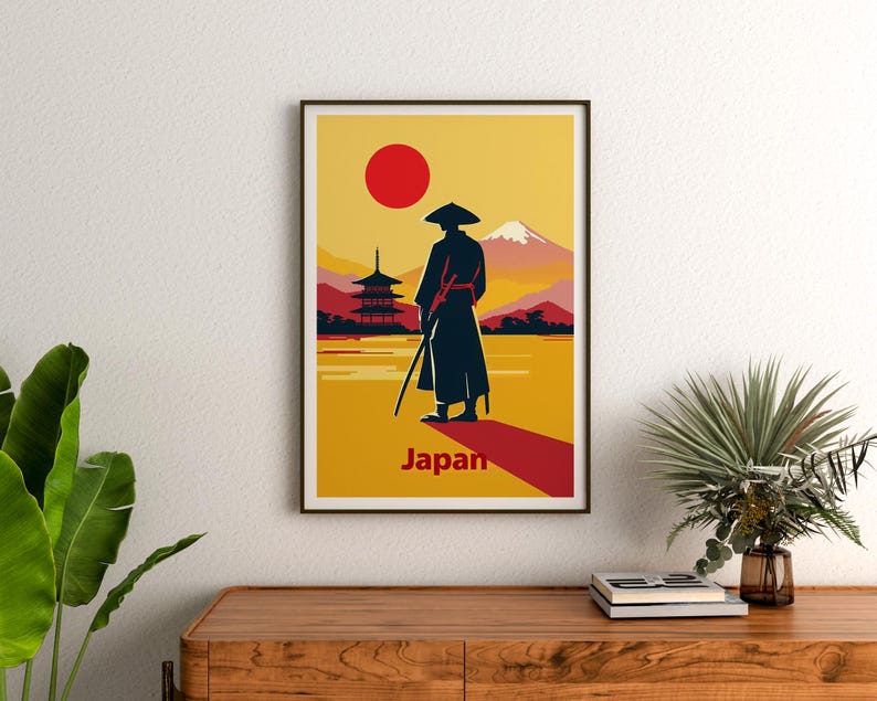 Japanese Samurai Travel Print, Asia Poster, Minimalistic Wall Art, Warrior Illustration, Japan Poster, Home Decor